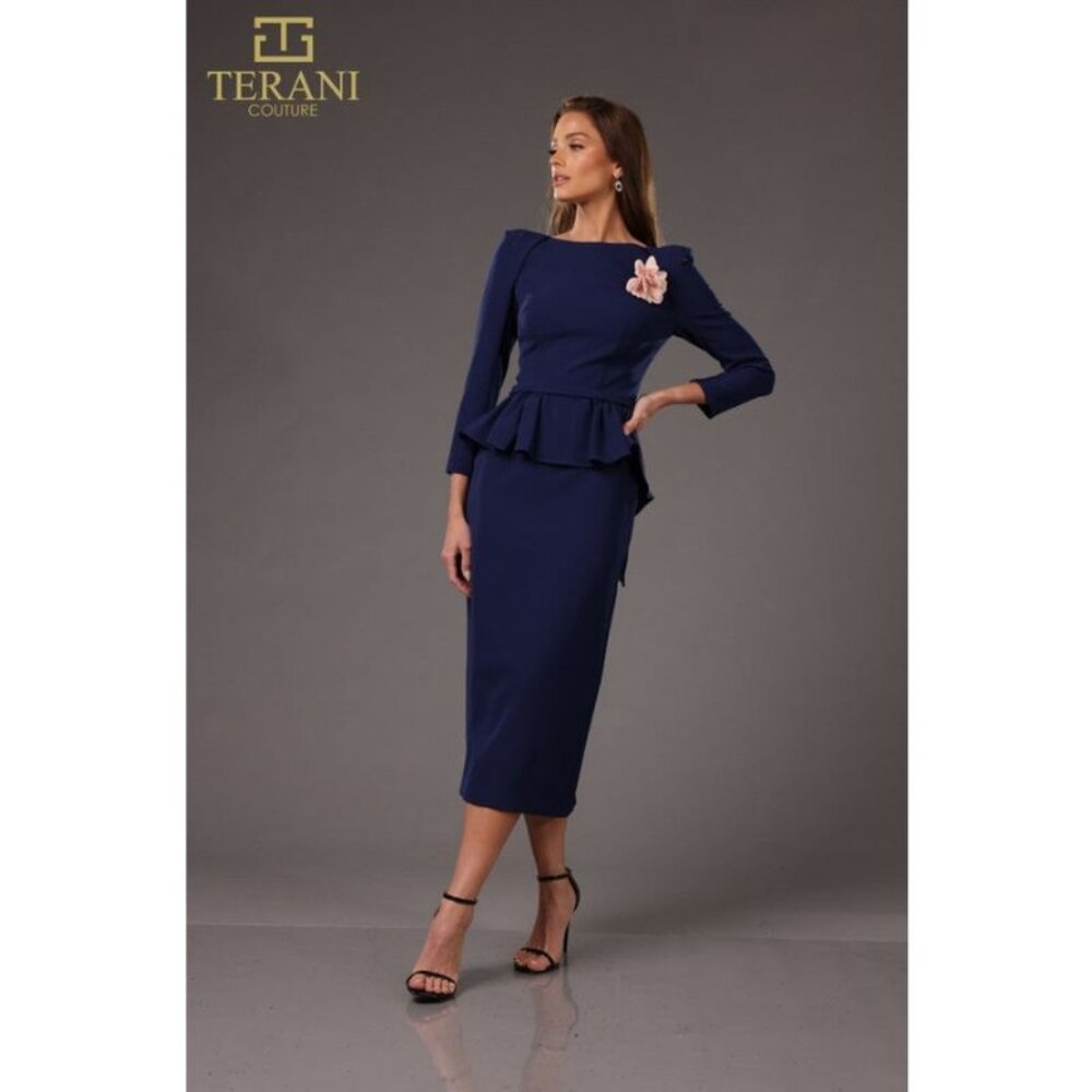 Long Sleeve Navy Peach Peplum Cocktail Tea Length Dress
